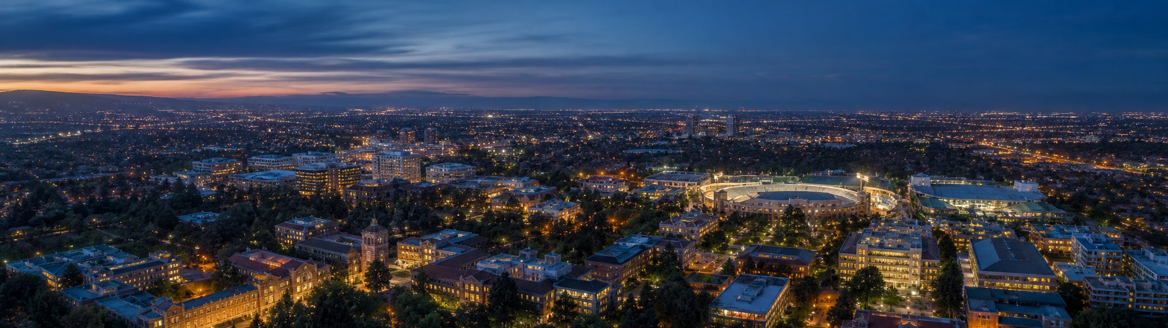 Aerial view of the UCLA campus and Westwood, Los Angeles.