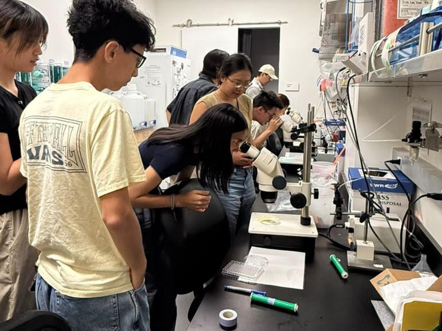 Students at the microscope during a Caltech lab tour