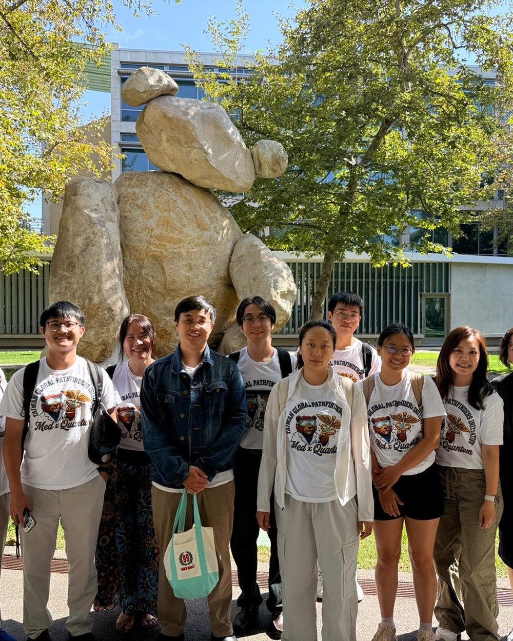 The delegation at the UC San Diego visit, by the campus Bear sculpture